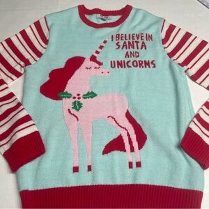 Unicorn Christmas Sweater - Red and Mint. I believe in Santa. Size Large. Pills.
